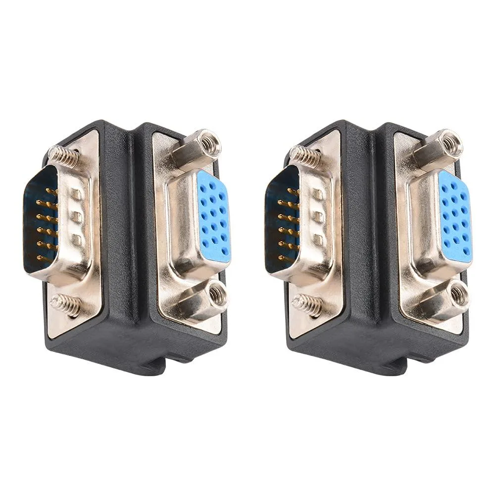 Two right-angle VGA adapters with nickel-plated 15-pin connectors and PVC bodies