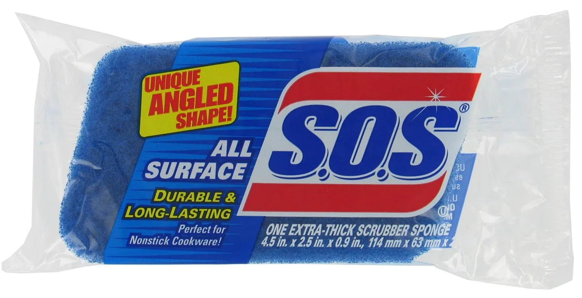 Dark blue and light blue parallelogram sponge, dual sided with scrub pad and cellulose side, 2.5 by 4.5 inches, pack of 12