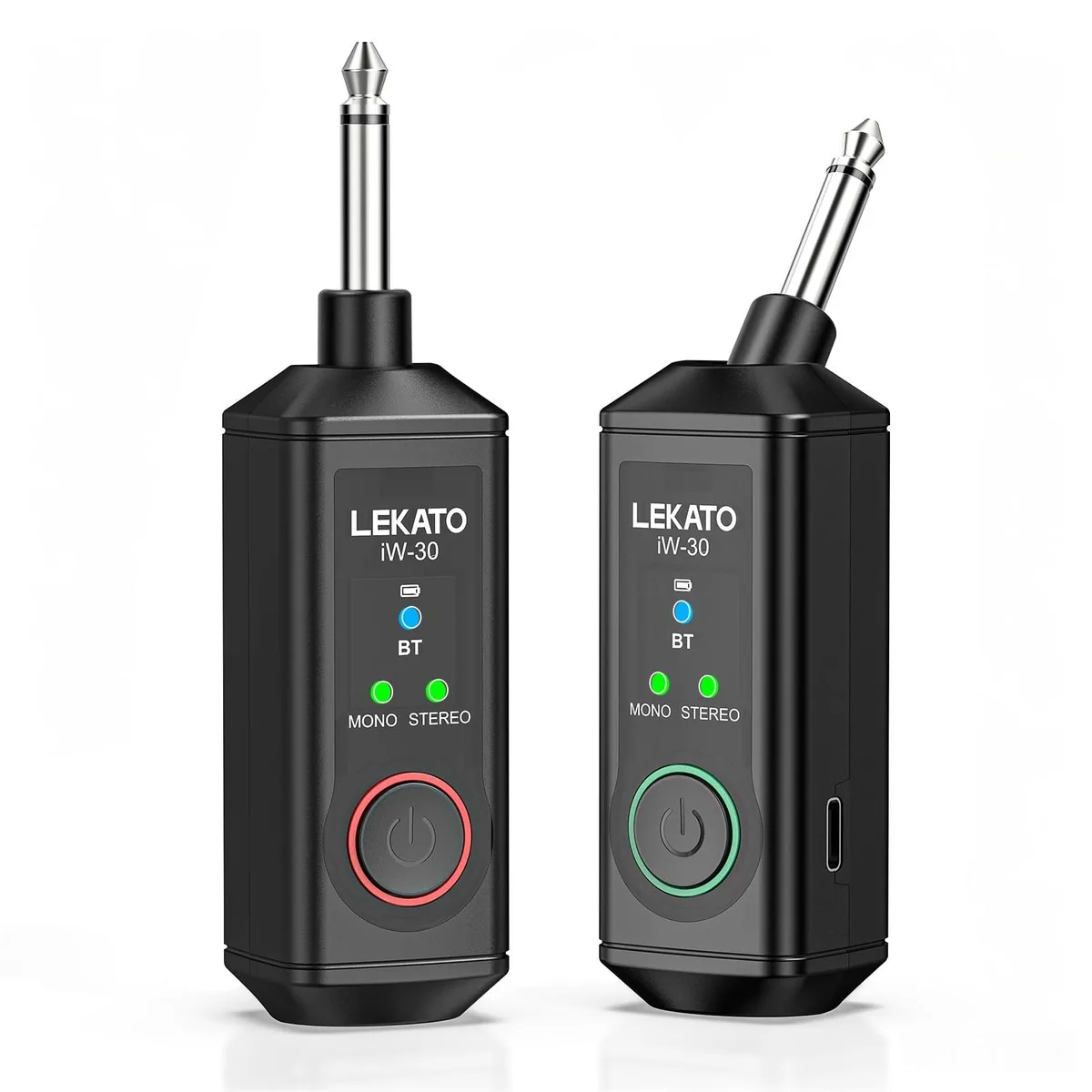 Two small black Bluetooth receivers with angled quarter inch plugs side by side