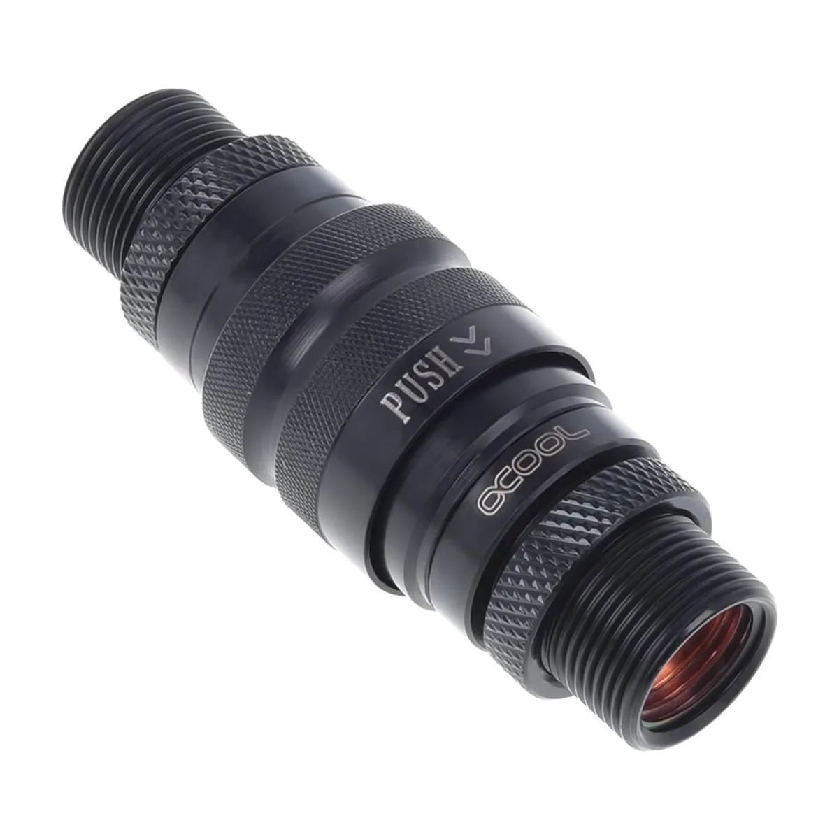 Pair of deep-black brass quick-release fittings with double bulkhead G1/4 threads, 64.6 by 23.9 mm
