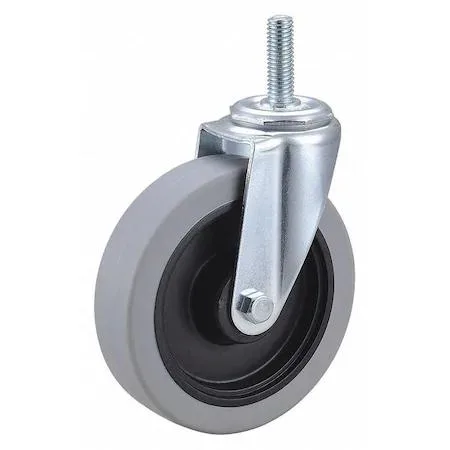 Silver metal swivel caster with black polyurethane wheel and threaded stem