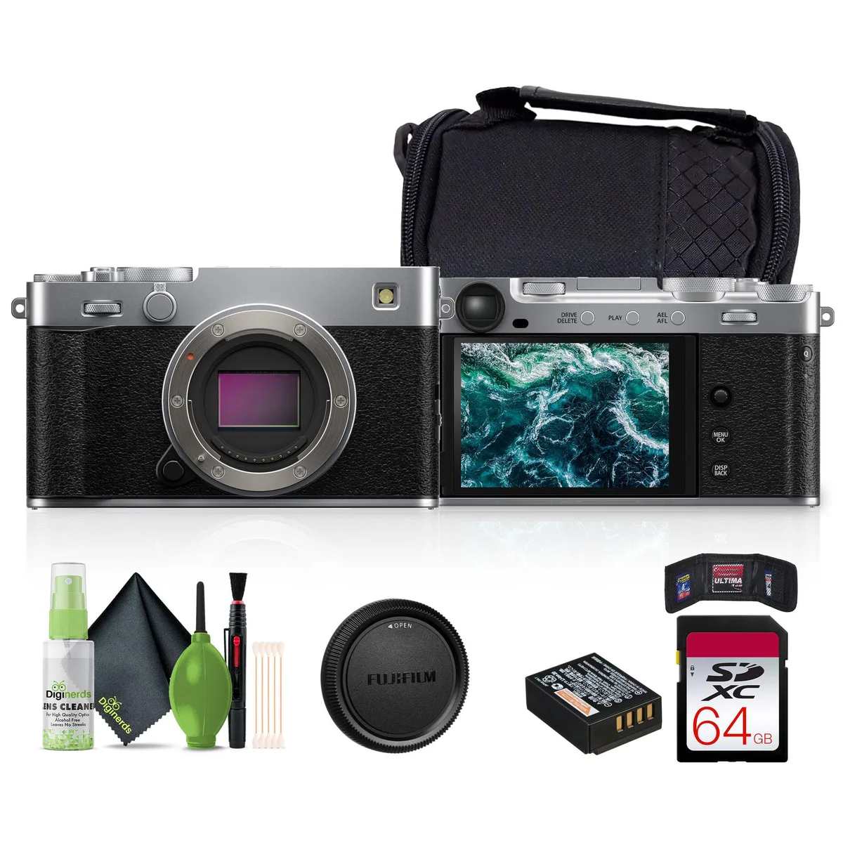 Silver mirrorless camera kit with compact rangefinder-style body, 64GB memory card, case, cleaning kit, card wallet and USB cable