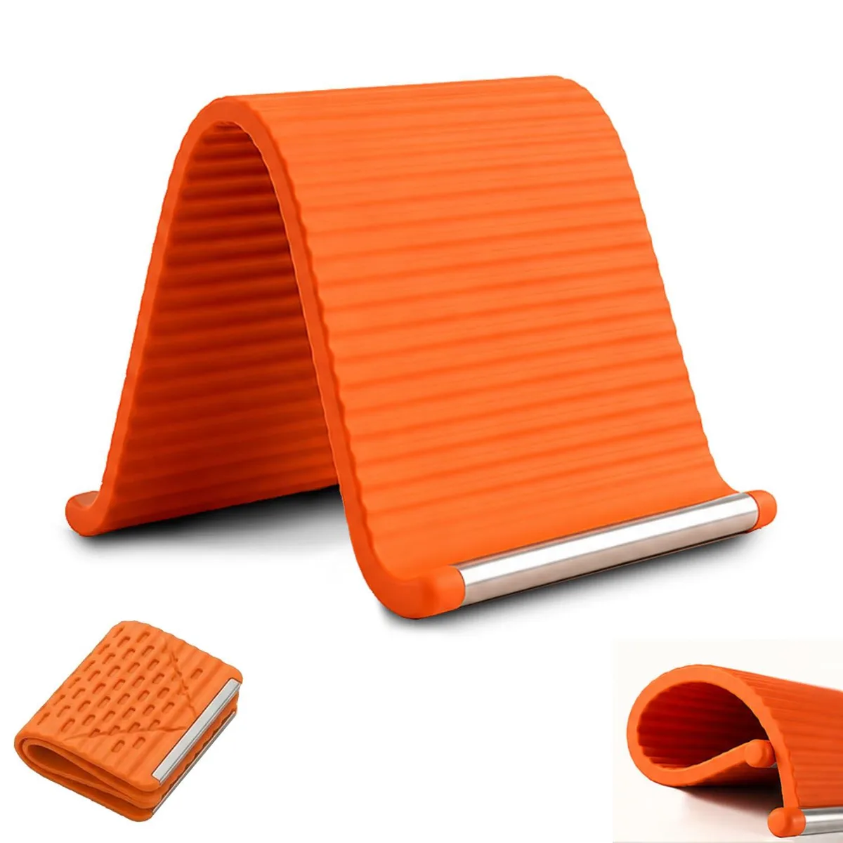 Orange flexible silicone and aluminium phone mount folded flat on a table