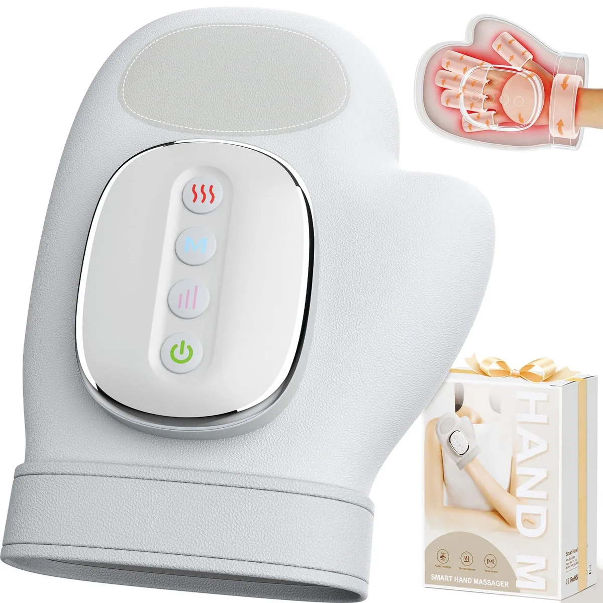 Grey hand massager, compact rectangular shape with curved edges