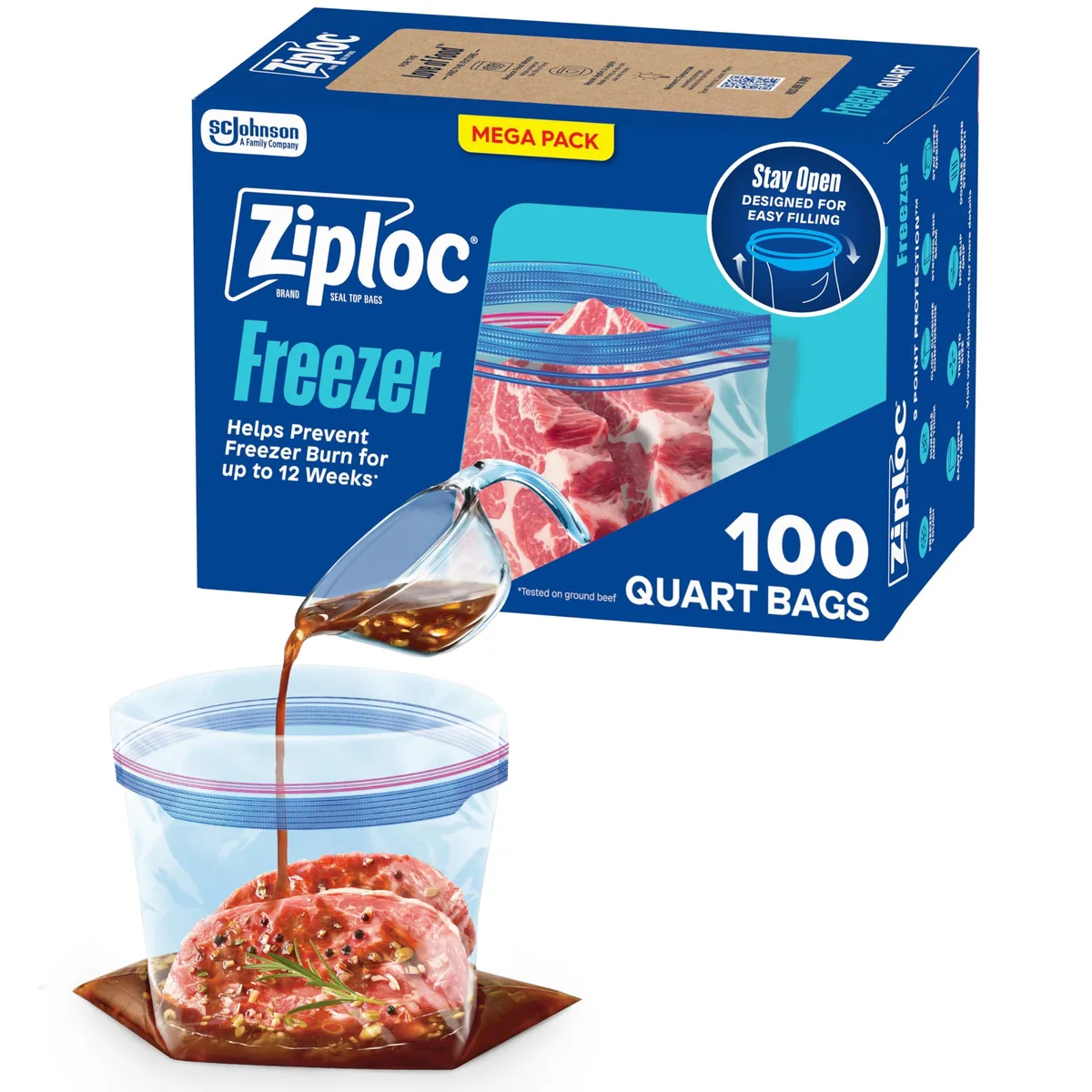 Cardboard box containing 100 beige plastic freezer bags with zipper closure