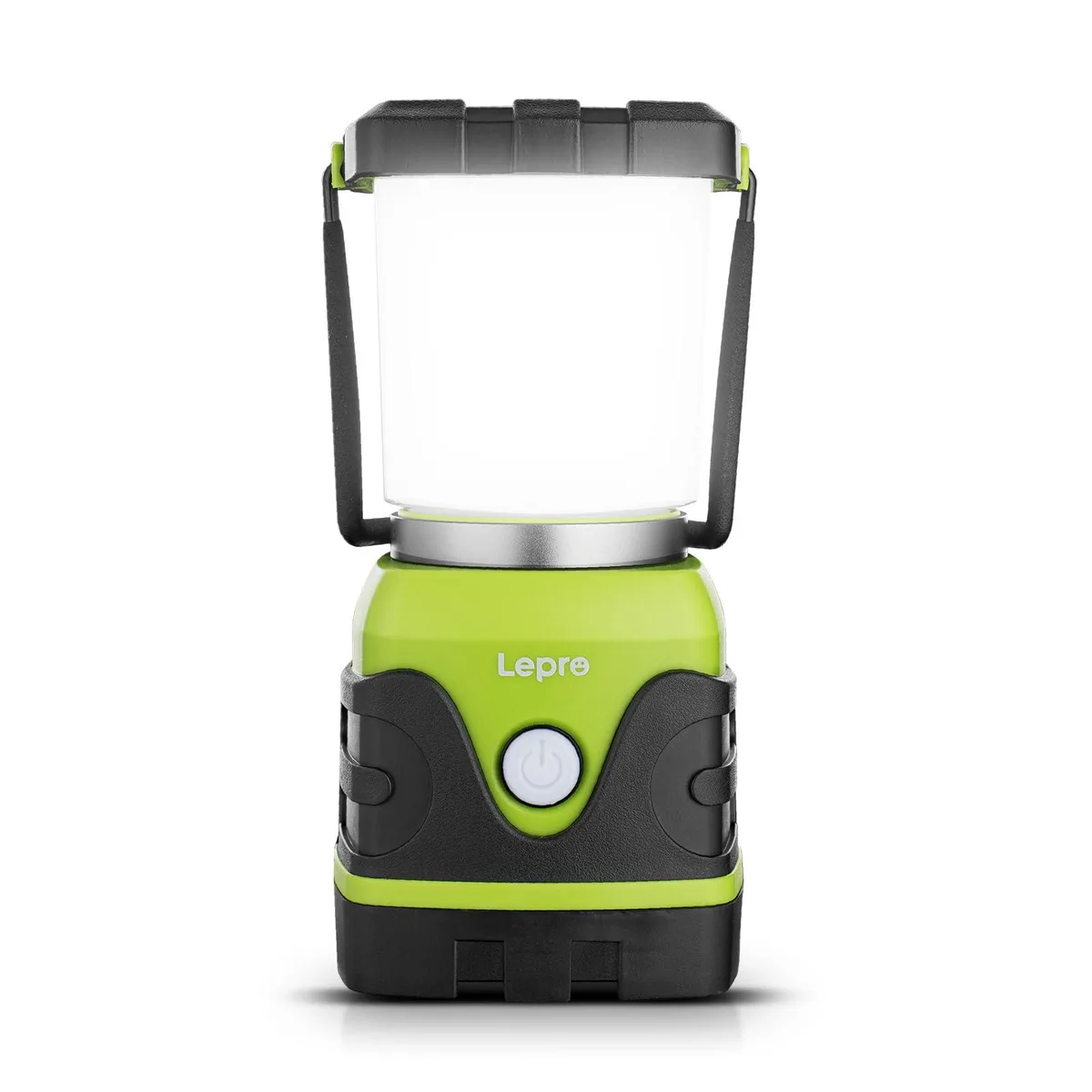 Black cylindrical LED lantern with metal carry handle and bottom hook, matte finish