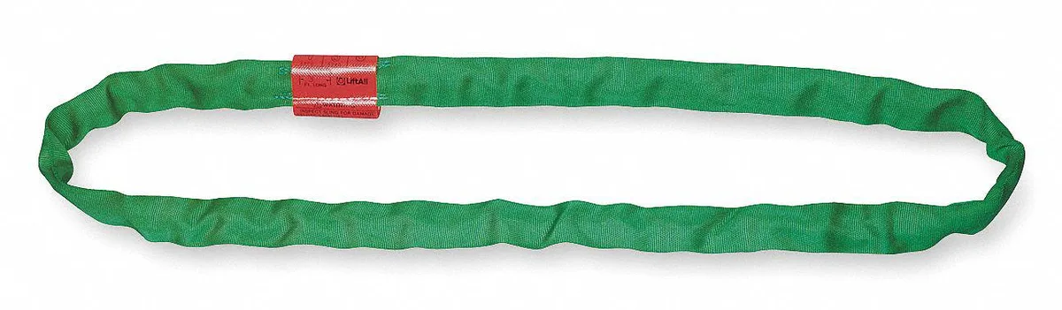 Green polyester endless round sling, four feet long, seven-eighths inch body diameter