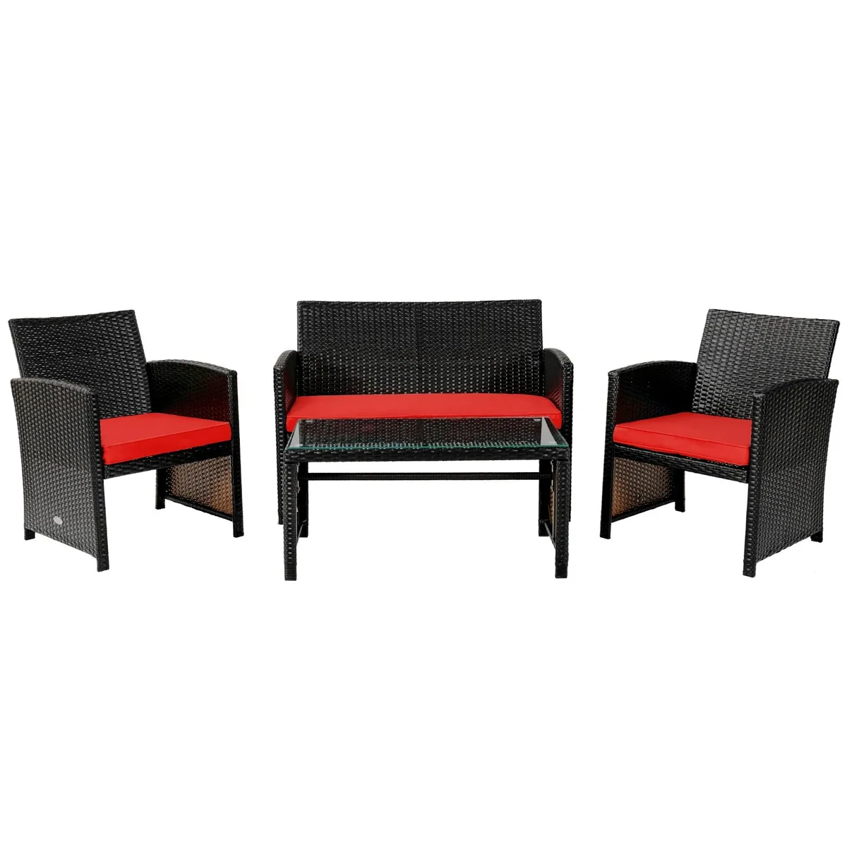SlickBlue SlickBlue 4-piece rattan patio set red cushions mix brown 25 31 35 17.5 43.5 72.5 397 800 165 18 — product photo