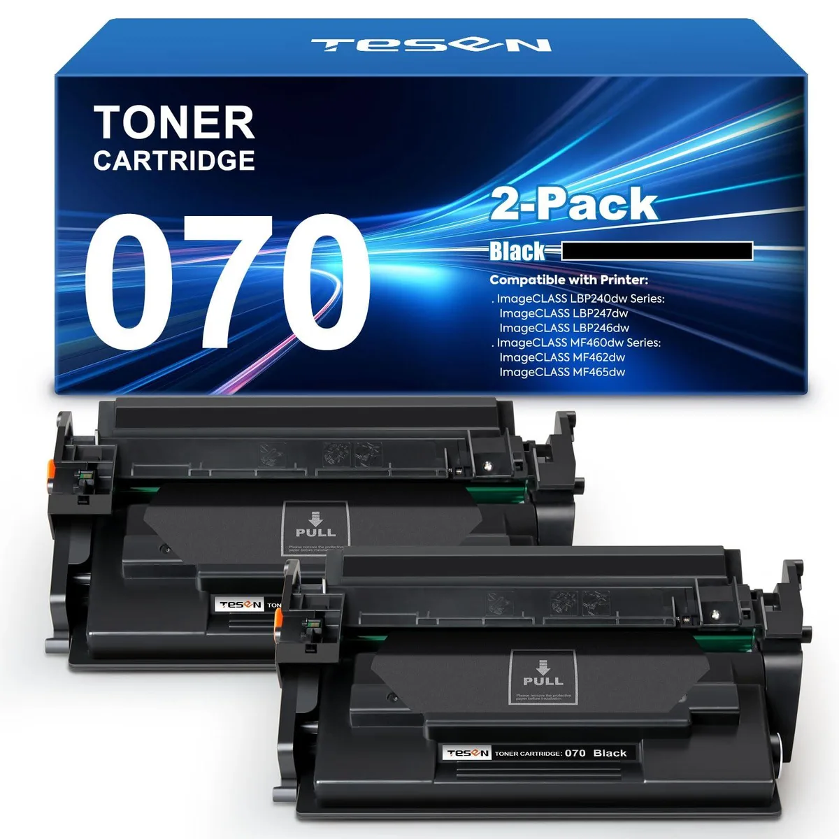 Two black rectangular toner cartridges in white packaging