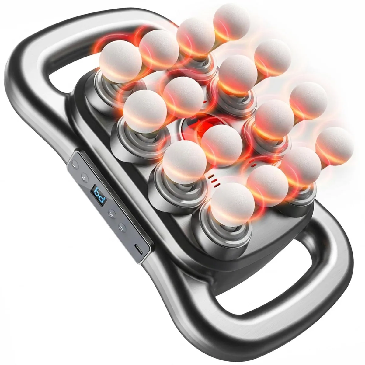 Black dual-handle massager with 16 heads, 11.02 x 7.87 x 3.94 inches