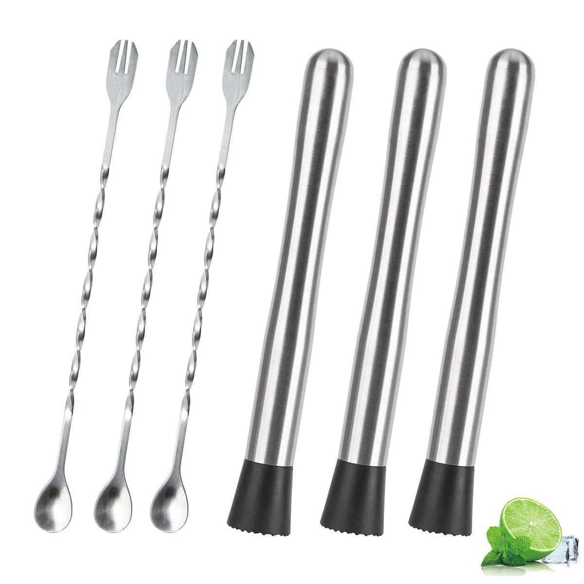 Seven-piece stainless steel bar set with three muddlers and three mixing spoons, black floral design