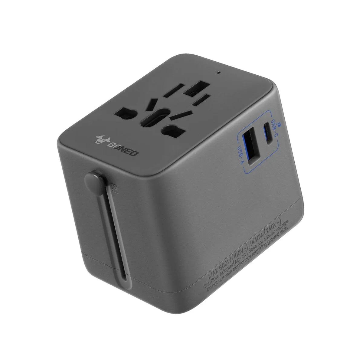 Grey rectangular travel adapter with AC outlet, USB-A and USB-C ports, sliding plug mechanism