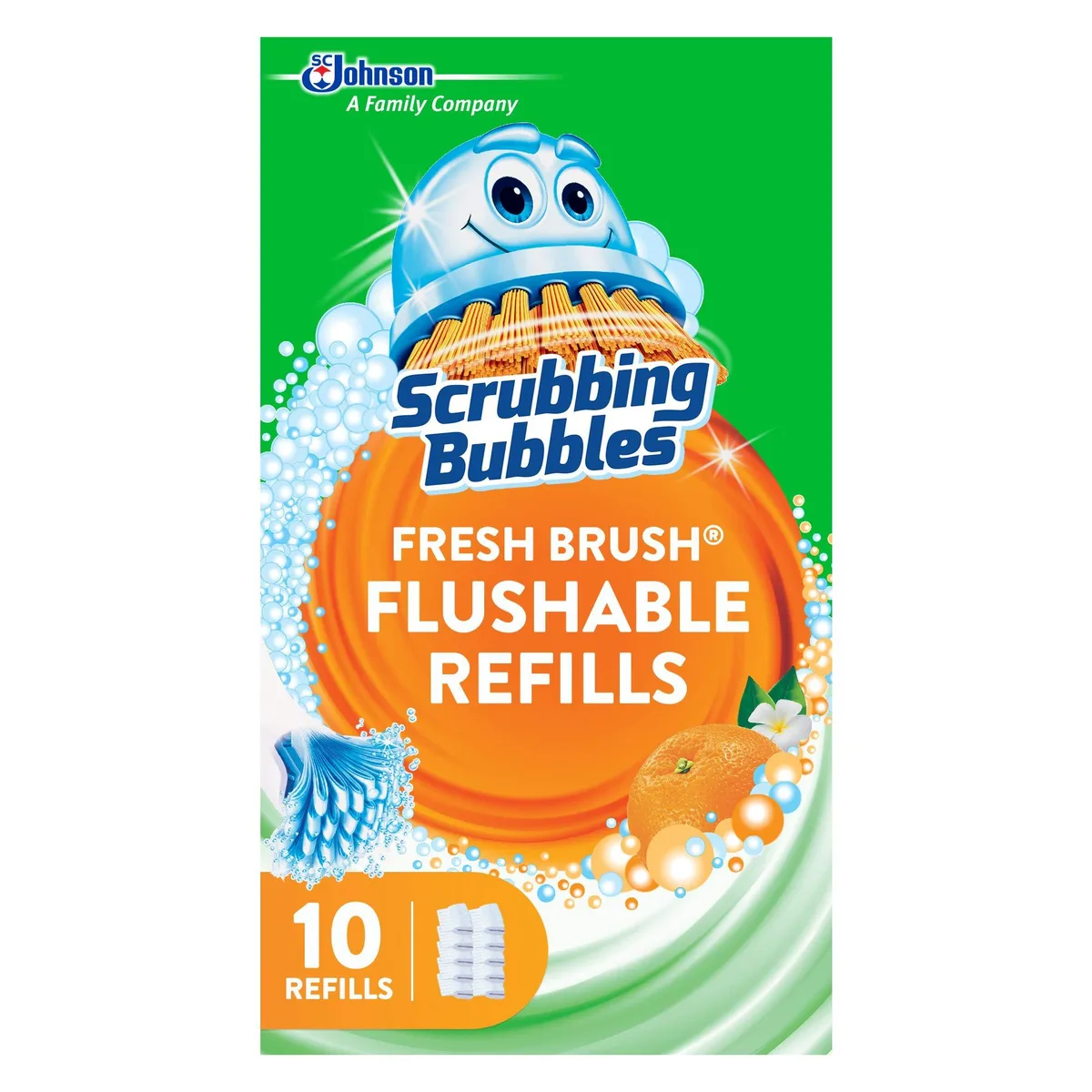 Cardboard box holding ten citrus-scented flushable toilet cleaning pads