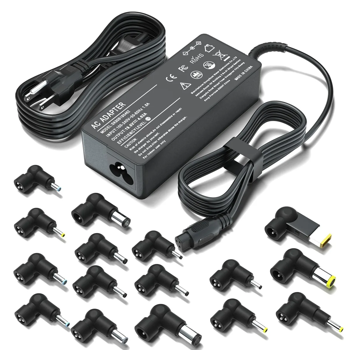 Black rectangular universal laptop charger with sixteen interchangeable tips