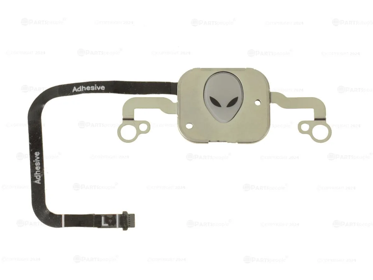 Small rectangular circuit board with ribbon cable and alien-head button, silver and black finish