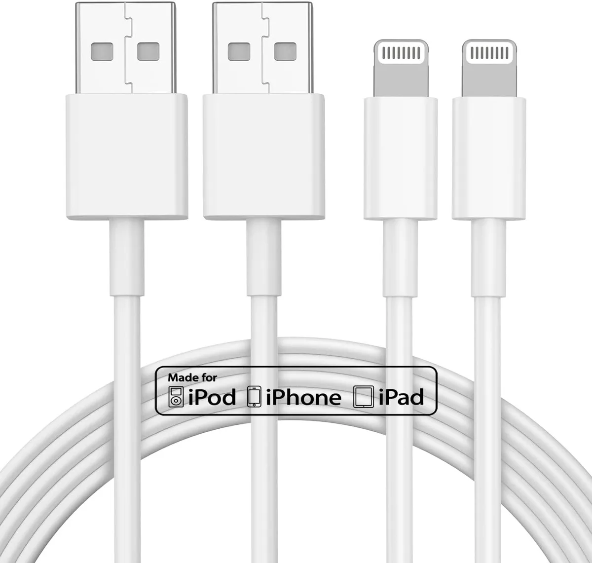 Two white 10ft Lightning to USB cables coiled together