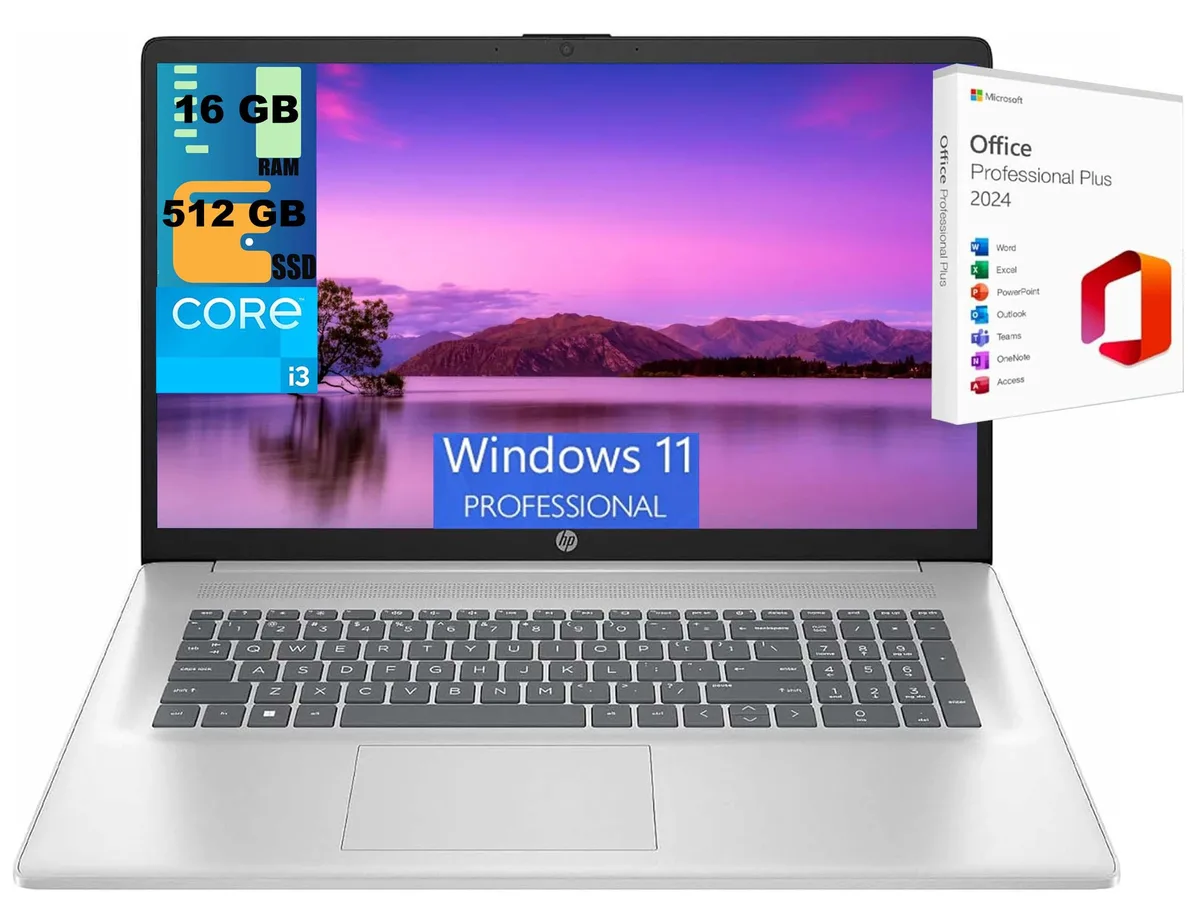 HP HP 17 laptop, Core i3-N305, 17.3" HD+, 16GB DDR4, 512GB PCIe SSD — product photo