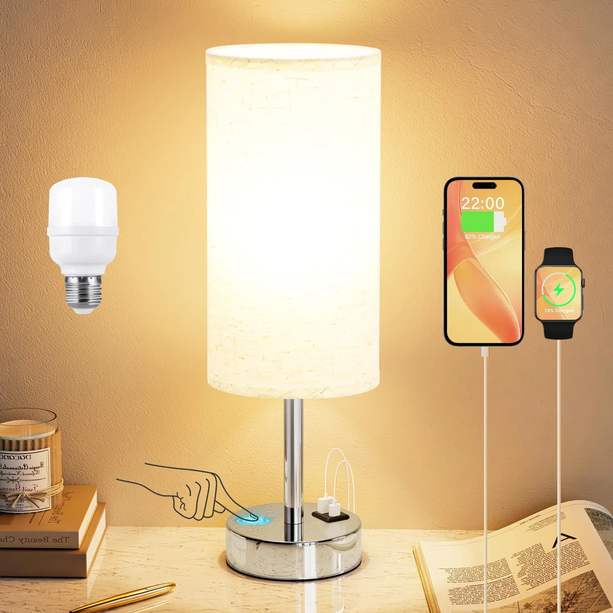 White cylindrical table lamp with linen shade and brushed silver base, USB ports on side