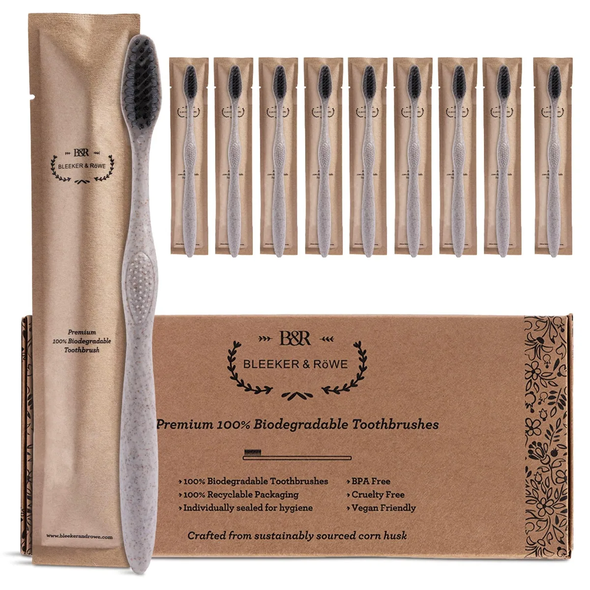 Pack of ten biodegradable toothbrushes in paper sleeves