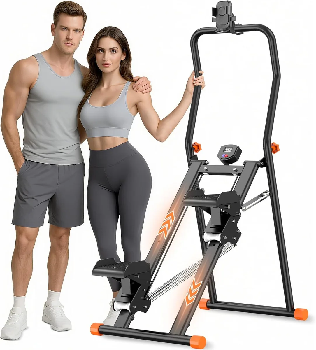 Compact stair stepper with steel frame, wide non-slip pedals, handlebar and digital monitor