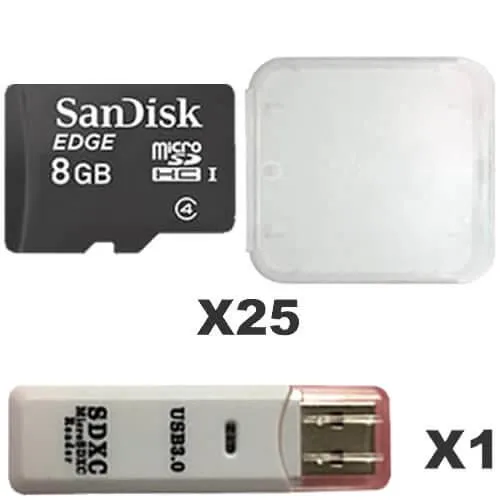 Twenty-five microSDHC cards with reader in plastic cases