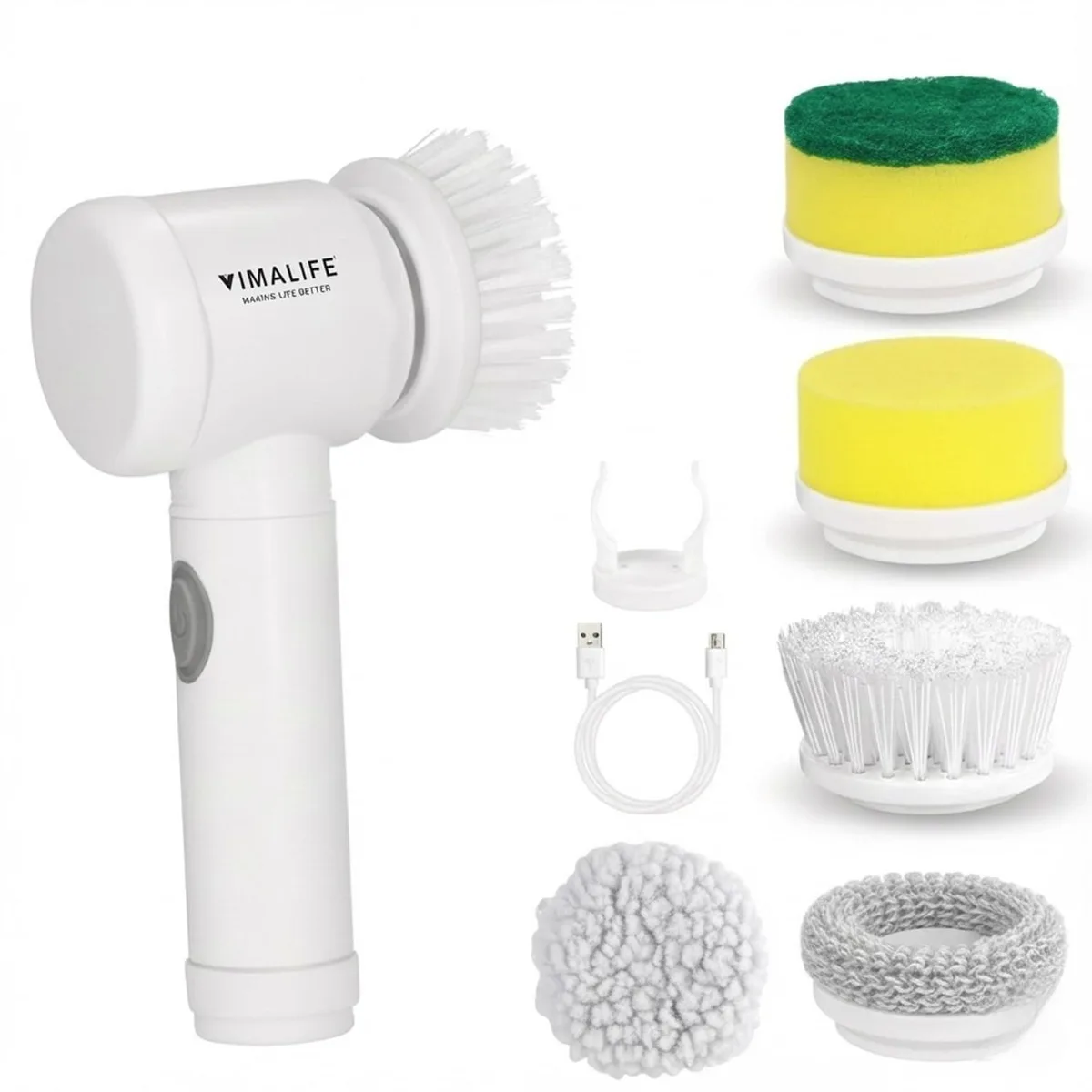 White cordless electric spin scrubber with five interchangeable brush heads