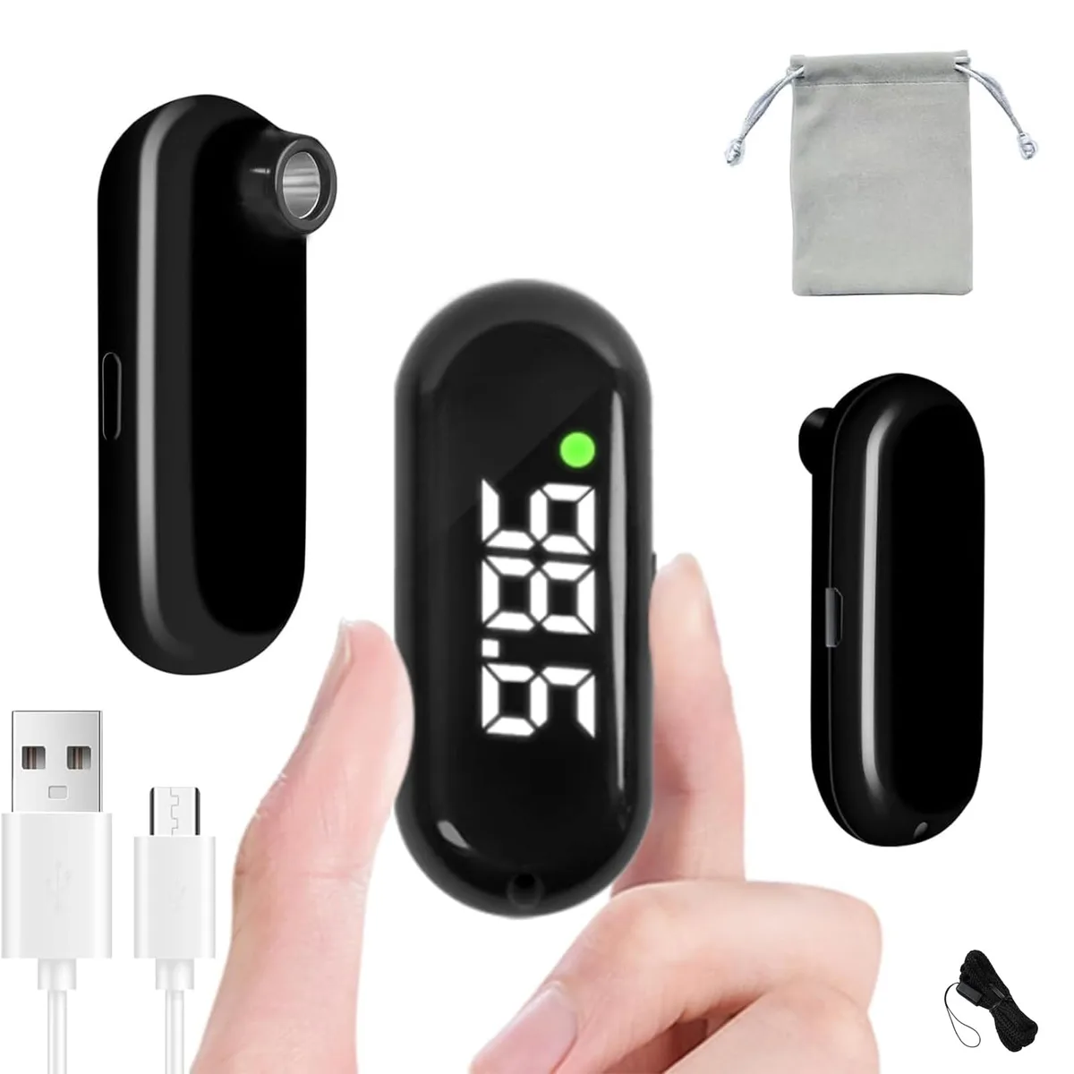 Black non-contact digital forehead thermometer with backlit LCD display