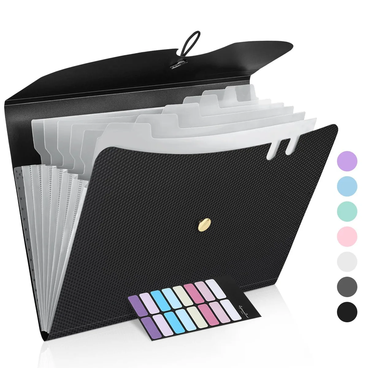 Black polypropylene accordion folder with seven expandable pockets, tabbed dividers, bungee closure and two pen slots