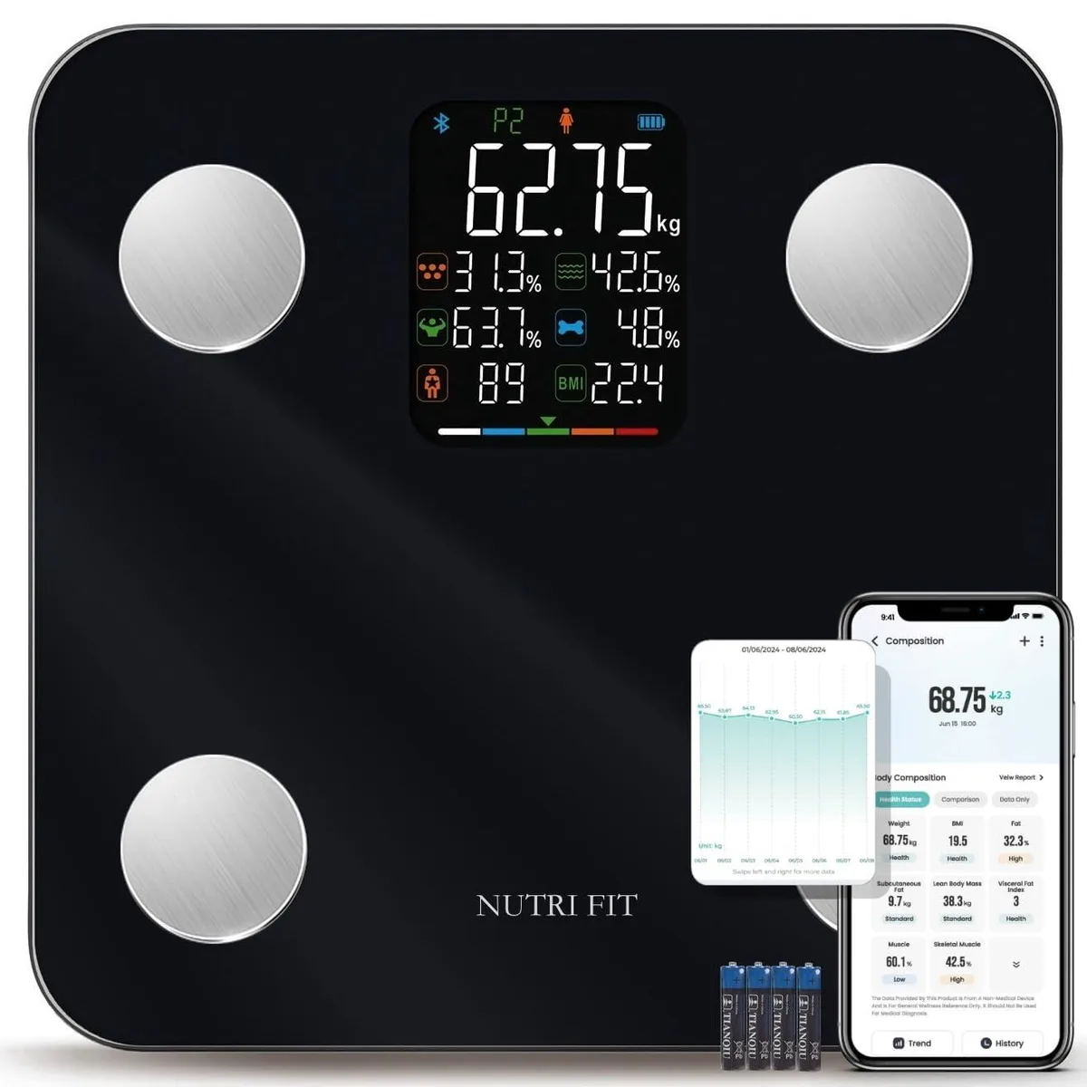 Black flat digital bath scale with large backlit display on tempered glass platform
