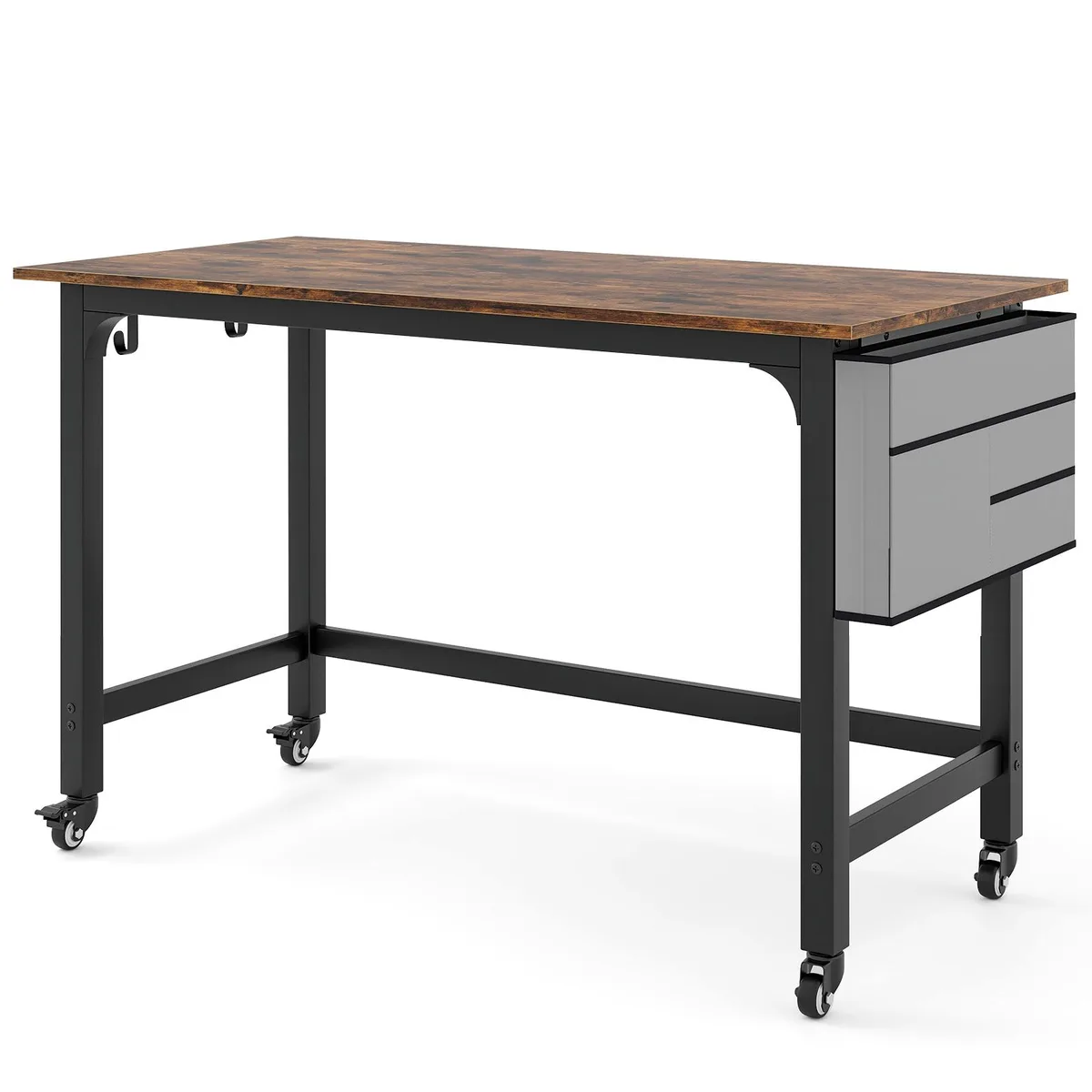 Rustic brown rolling desk with black metal frame, four casters and detachable fabric bag