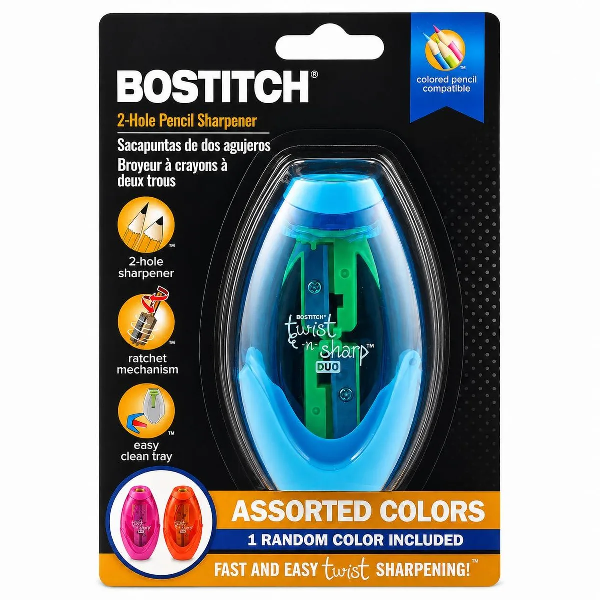 Compact manual pencil sharpener with two holes and twist mechanism, shown in turquoise plastic finish