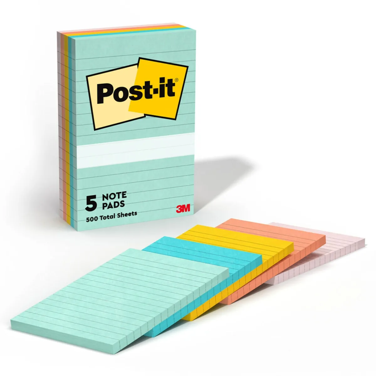 Five rectangular lined sticky note pads in pastel colours Papaya Fizz Pink Salt Sunnyside Fresh Mint Aqua Splash