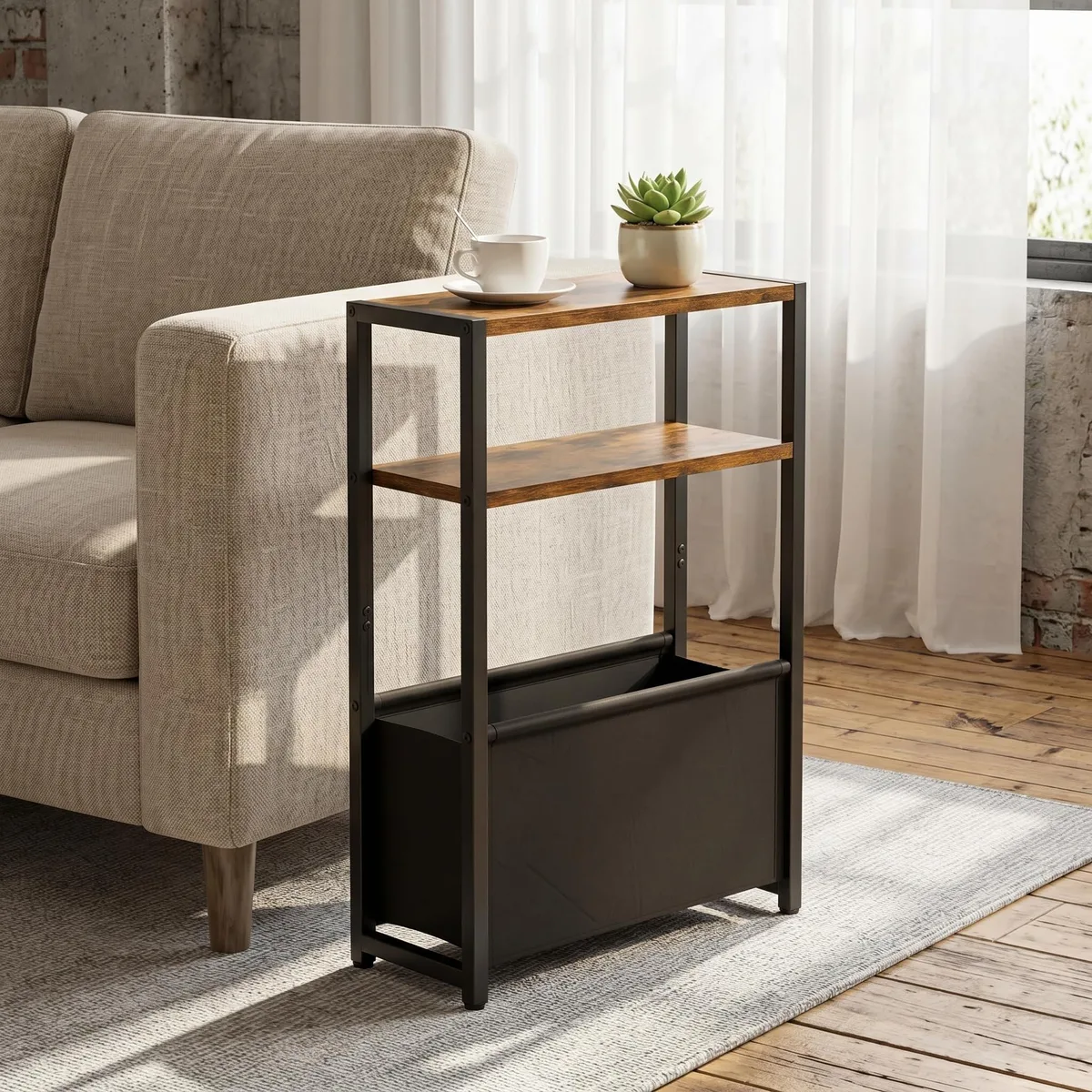 Tall black narrow side table with fabric basket, 15.7 wide by 25.6 high inches