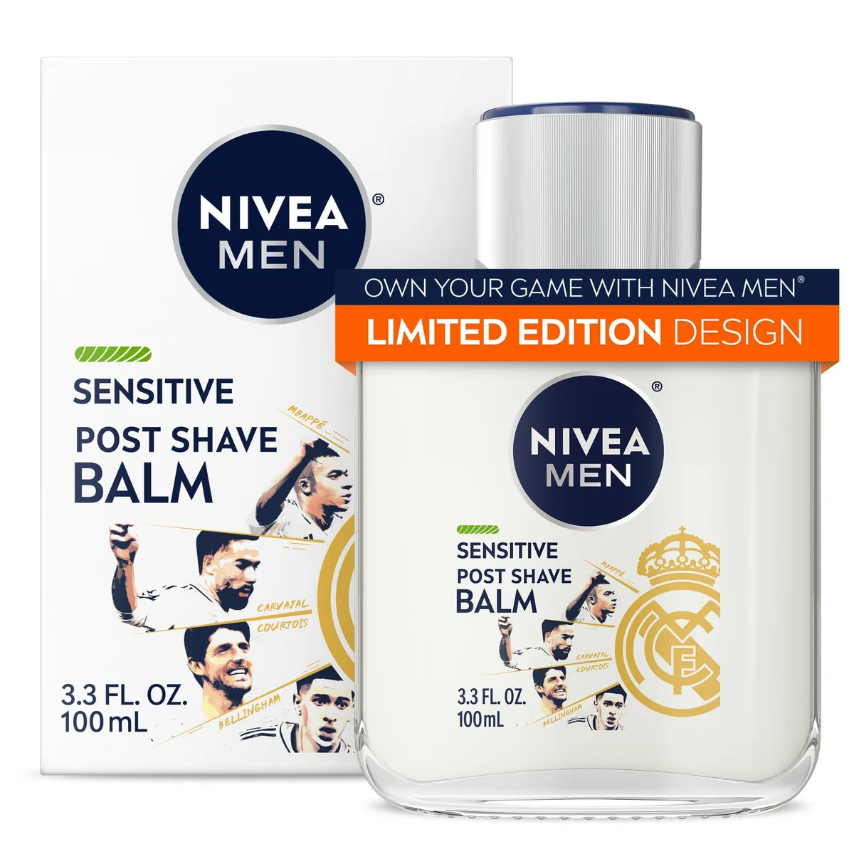 White rectangular bottle with Real Madrid limited edition design, 3.3 fl oz