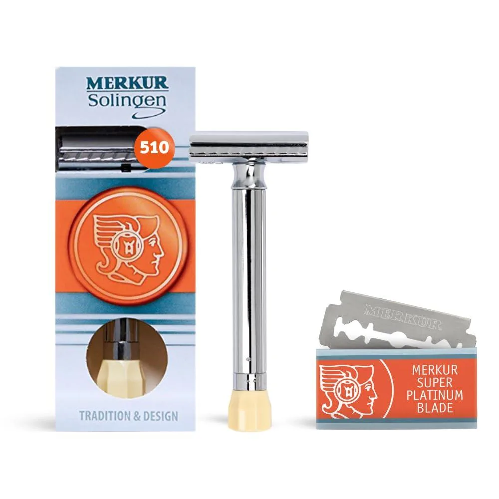 Chrome-finished brass safety razor with long handle and adjustable dial