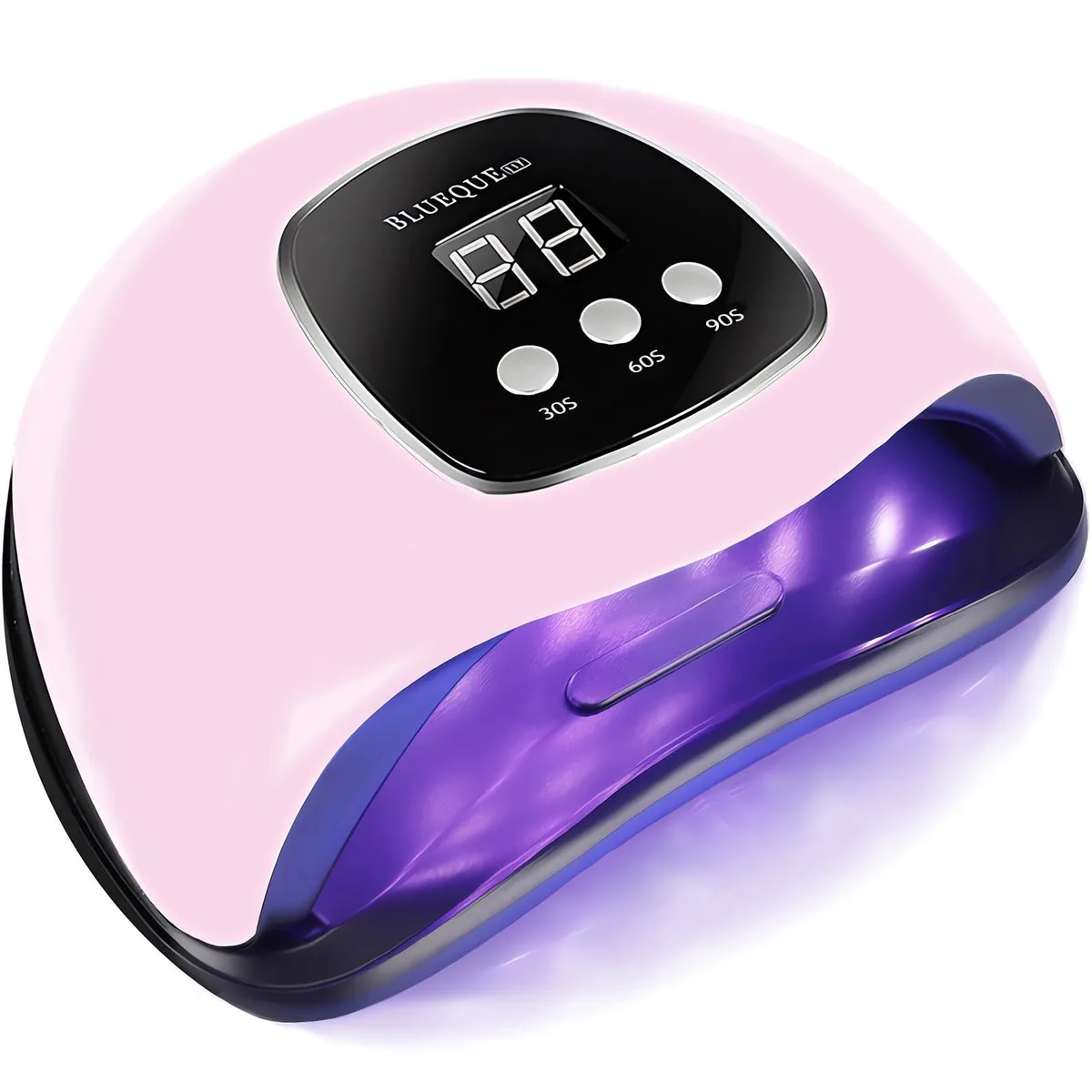 White rectangular UV LED nail lamp with purple-pink glow, 24 beads, detachable base, infrared sensor, 6.5 x 3.38 x 7.48 inches