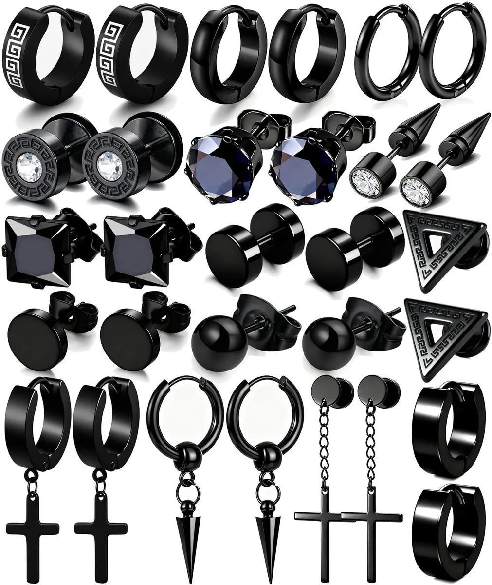  15 Pairs Black Stainless Steel Earrings Set 316L 18G — product photo