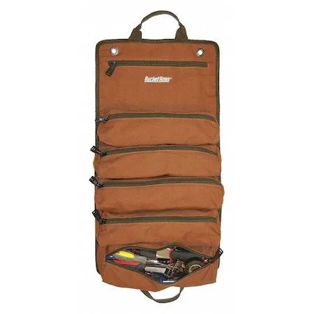 Brown canvas wrench roll with six pockets and metal grommets