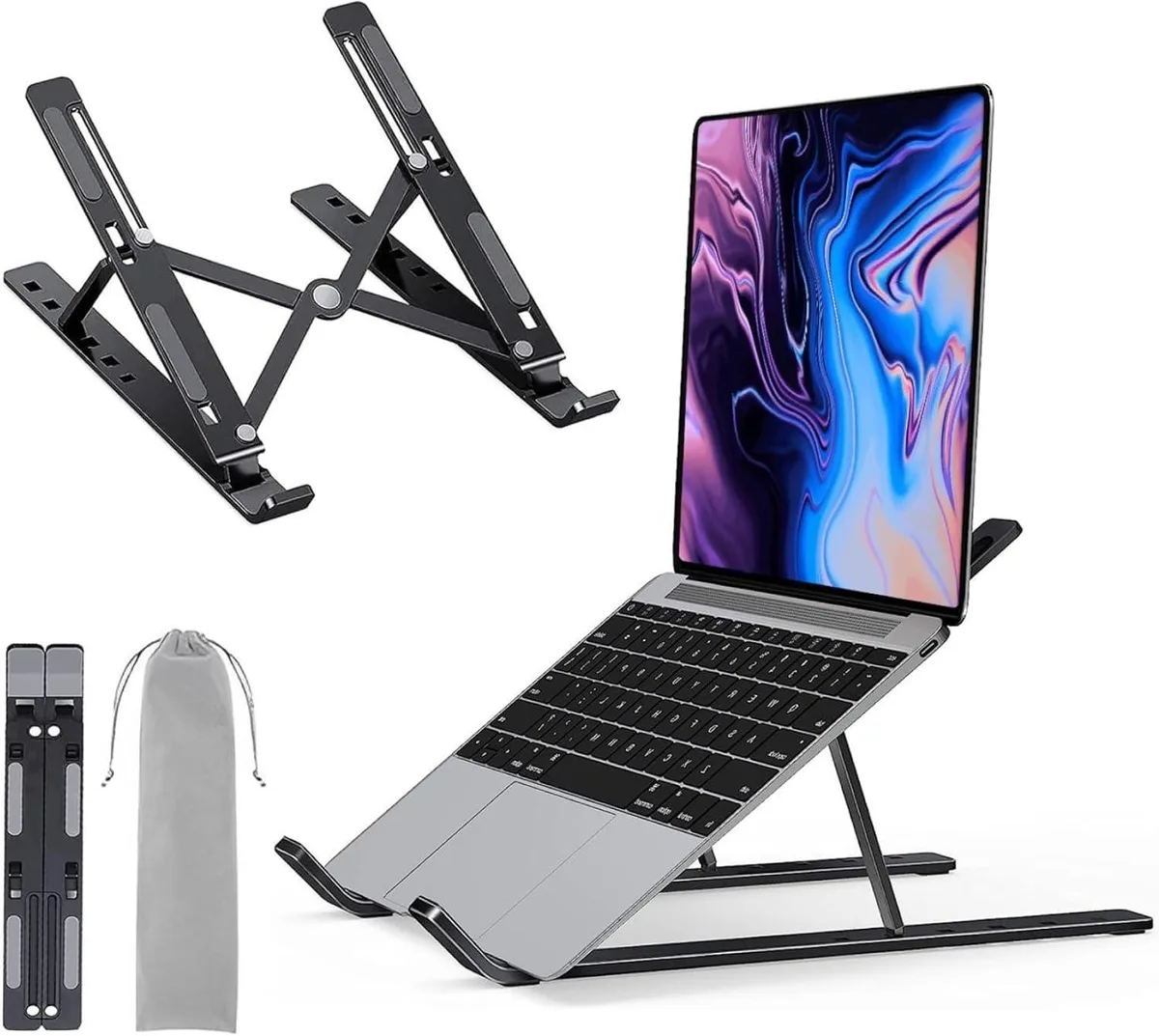 Black leather-finished aluminum laptop stand folded flat on tabletop