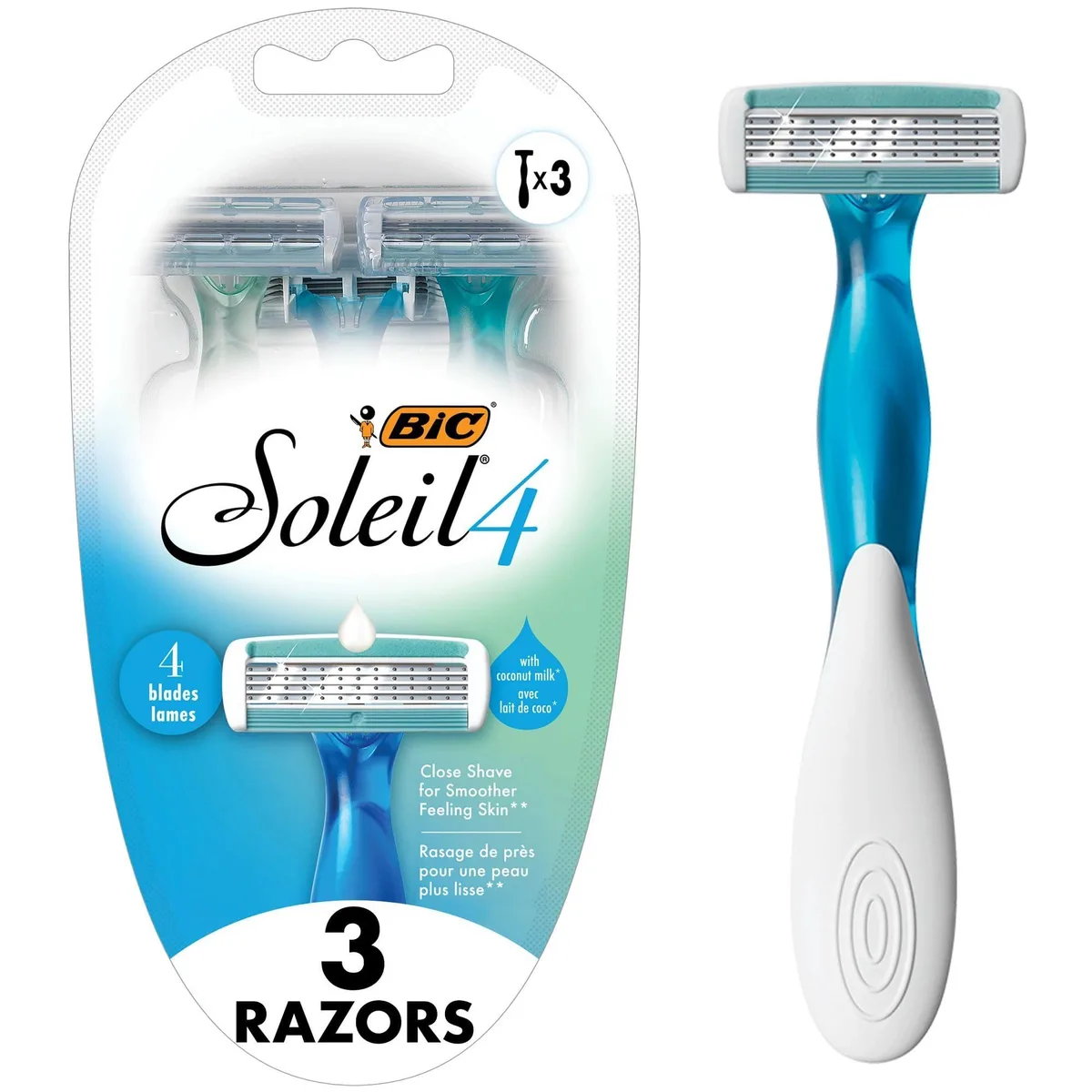 Three blue disposable women's razors with four flexible blades each and protective covers