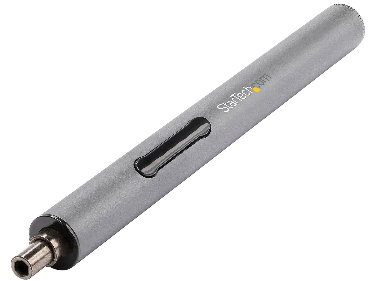 Silver aluminum cordless precision screwdriver with magnetic work pad and 55-piece bit set