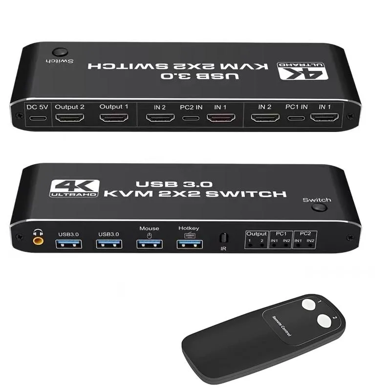 ESTONE ESTONE 2-in-2-out 4K@60Hz HDMI 2.0 KVM Switch with USB 3.0 Hub and 3.5mm Audio — product photo