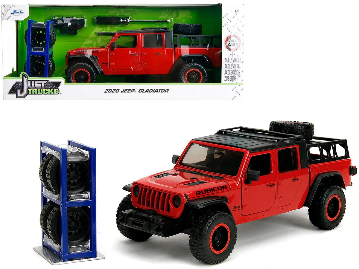 Jada Jada 2020 Jeep Gladiator Rubicon Pickup Red Black Top Extra Wheels Just Trucks 1/24 Diecast — product photo
