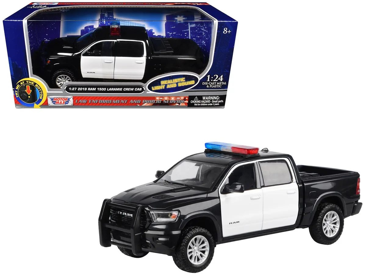 MOTORMAX MOTORMAX 2019 RAM 1500 Laramie Crew Cab 1/27 Diecast Truck Black White Lights Sounds — product photo