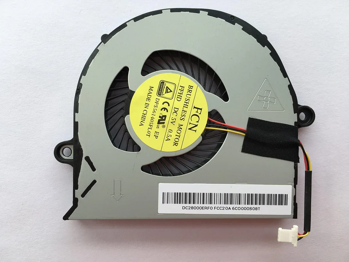 Small black plastic laptop CPU cooling fan with three-wire connector and silver heatsink fins