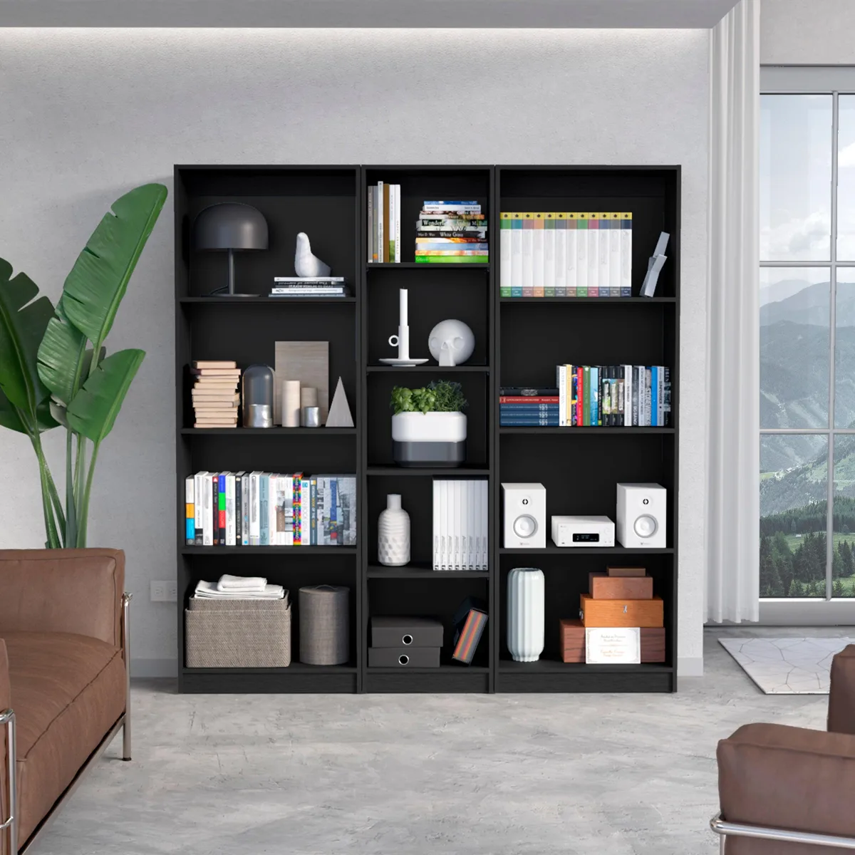 FM FURNITURE FM FURNITURE Clay 3 Piece Living Room Set with 3 Bookcases, Black — product photo