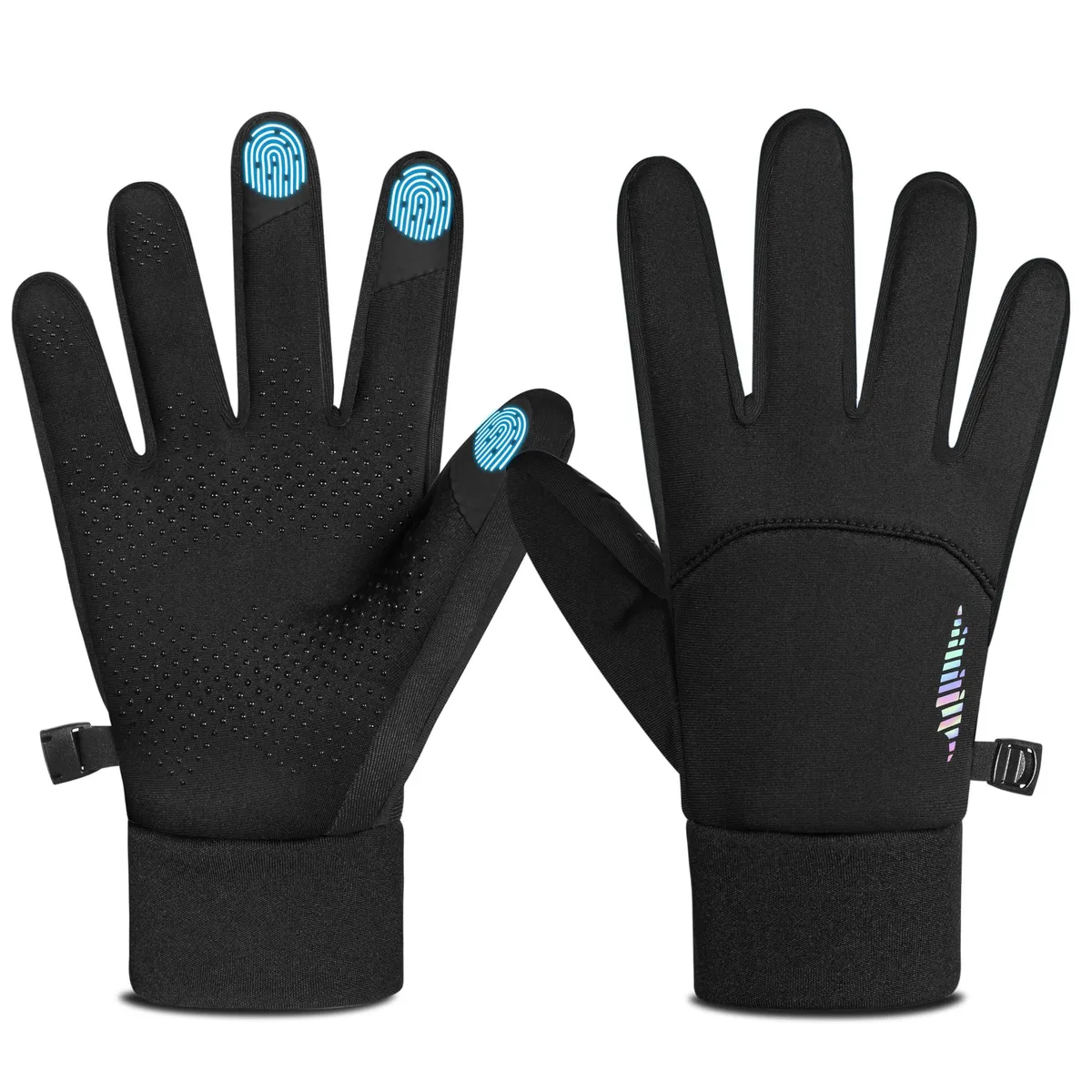 Black knitted gloves with touchscreen fingertips and reflective stripe detail