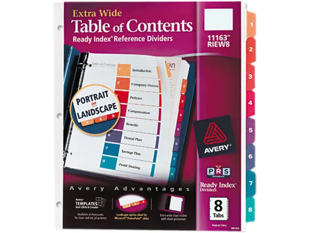 Avery 11163 extra-wide 8-tab index dividers in assorted colours