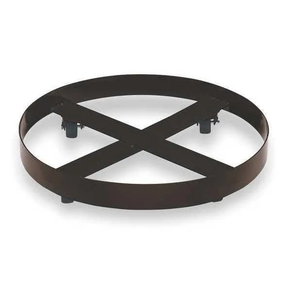 Black powder-coated steel drum dolly with four rubber casters, open round deck, 55 gallon capacity