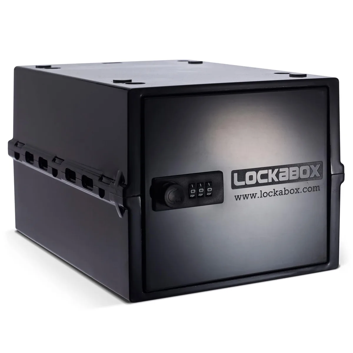 Medium-sized rectangular lockable box in jet black with a combination lock on the front